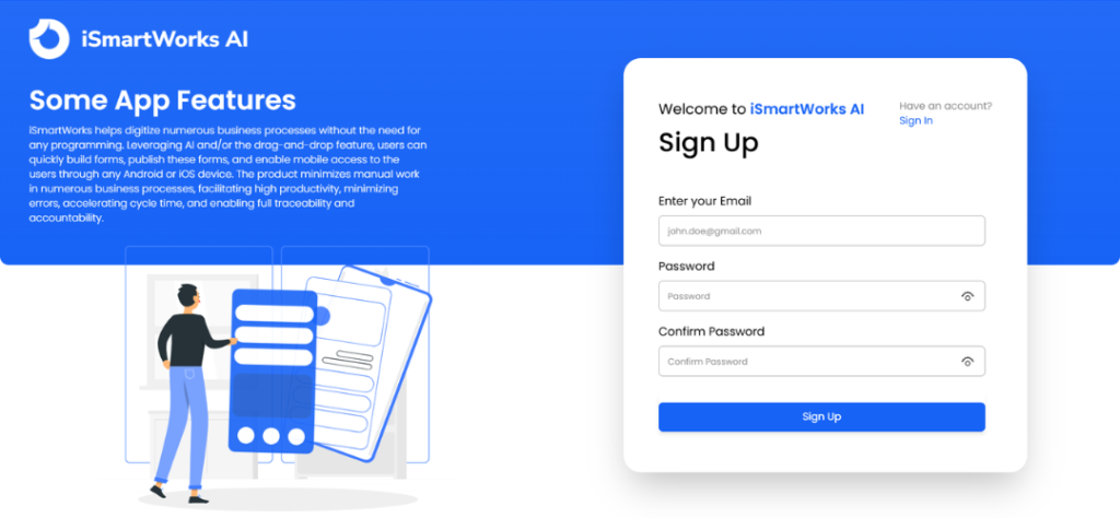 User sign-up interface for iSmartWorks AI