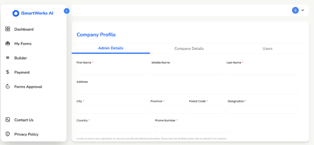 Company profile form interface layout