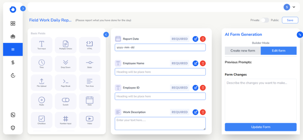 User interface for form generation