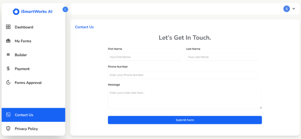 Contact form interface for users