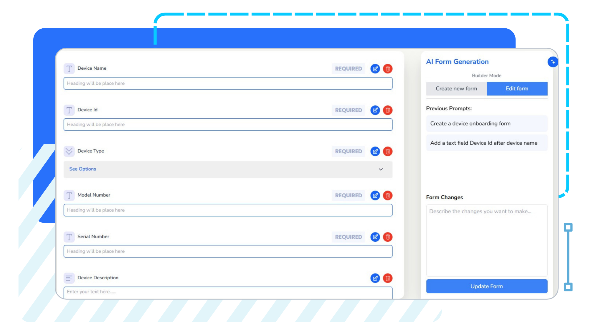 iSmartWorks form interface for device onboarding displayed on a blue and black background. Fields include Device Name, ID, Type, Model Number, Serial Number, and Description. A sidebar titled 'AI Form Generation' shows options to create or edit forms, with previous prompts and form changes.