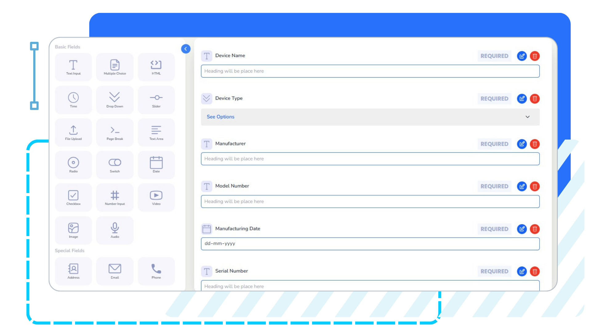 iSmartWorks user interface with form fields for device details like name, type, manufacturer, model, and serial number. Left sidebar includes basic and special field icons.