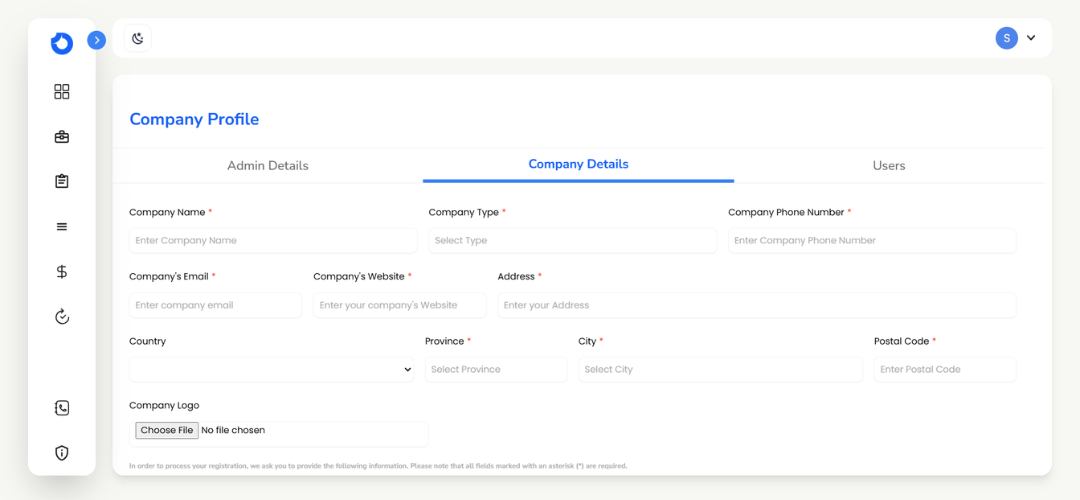 iSmartWorks 'Company Profile' page with tabs for Admin Details, Company Details, and Users. Fields for company name, type, email, website, address, and logo upload are visible. Left sidebar includes icons, indicating navigation options.