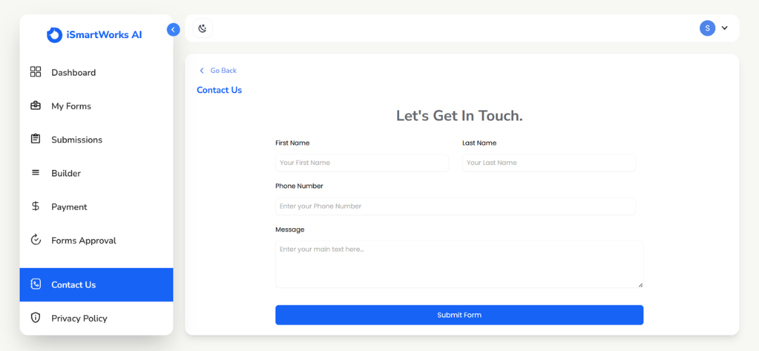 Contact form page with fields for first name, last name, phone number, and message. A blue navigation menu is on the left, emphasizing "Contact Us."