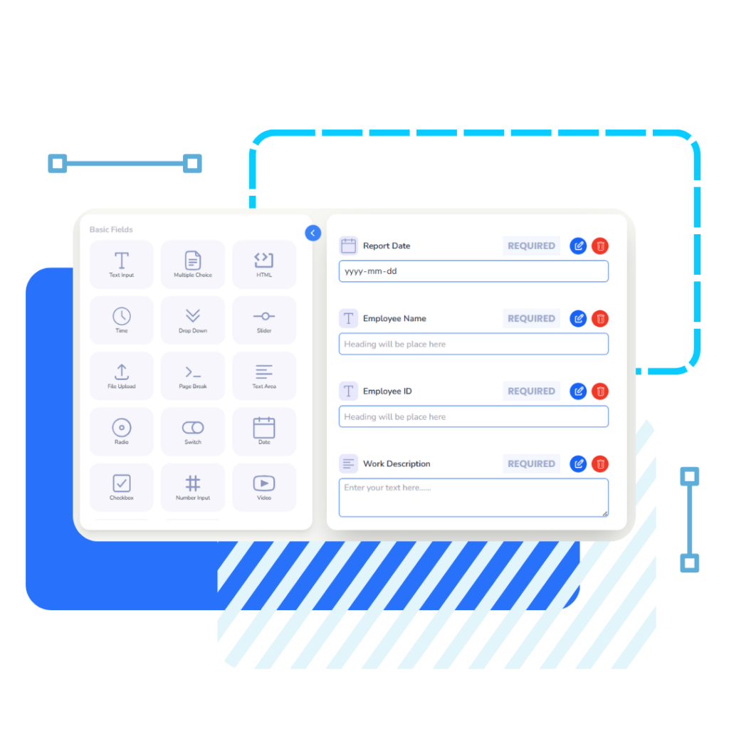 iSmartWorks digital form interface on a dark background features fields like Report Date, Employee Name, and Work Description. Drag-and-drop icons are on the left.