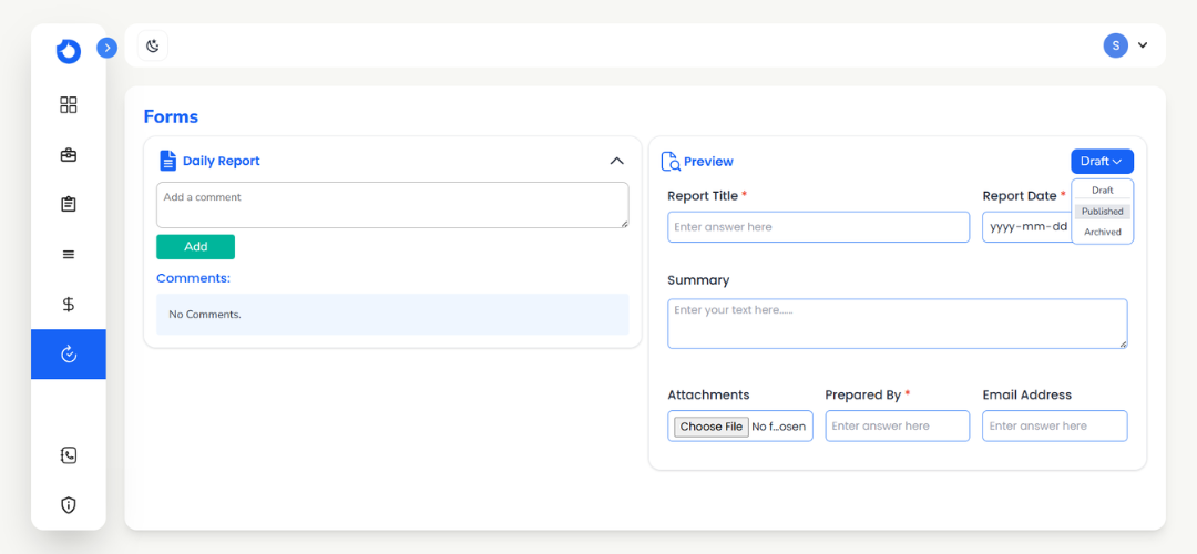 iSmartWorks publishing page showing a form interface with a left sidebar. The form includes fields for report title, date, summary, and attachments. The tone is structured and professional.