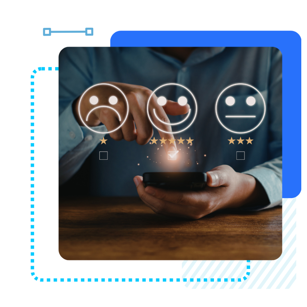 A person in a blue shirt uses a smartphone to select a smiling face with five stars, indicating a positive rating. Other options include neutral and sad faces.