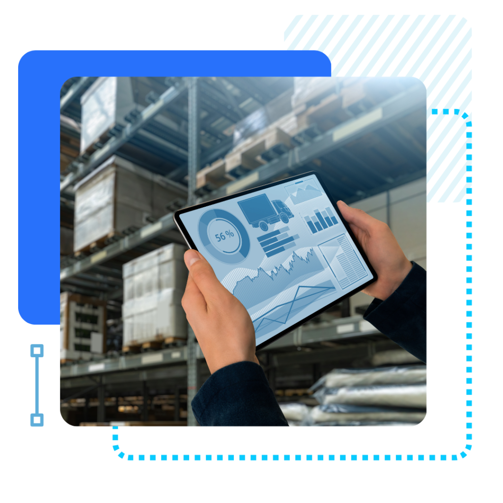 Hands holding a tablet showing logistics data, including charts and a 56% progress icon, set against a warehouse background with shelves and boxes. The image represents inventory management.
