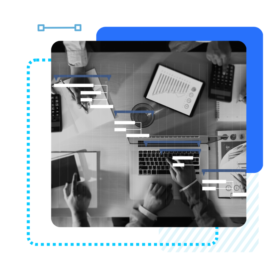Overhead view of a collaborative office setup with four people working on laptops and tablets, displaying graphs and spreadsheets. Indicating project updates and progress.