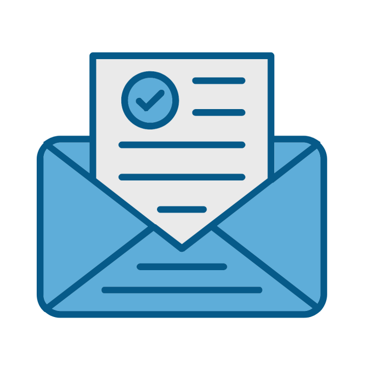 Blue envelope with a letter partially inside, featuring a checkmark symbol. The image suggests successful email communication or task completion.